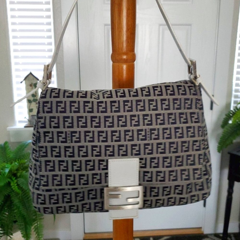 FENDI Zucchino Mamma Baguette Shoulder Hand Bag Purse Canvas and white leather